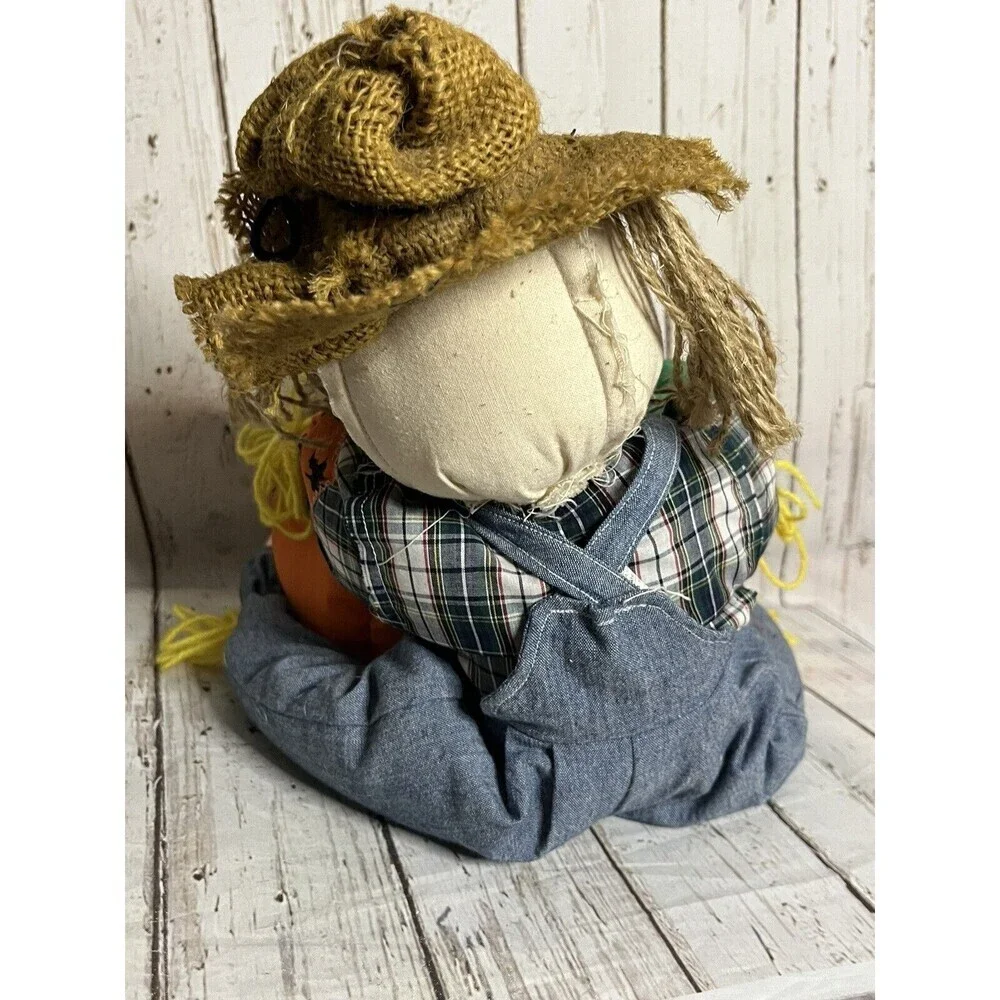 Vintage 90s Plush pumpkin Scarecrow halloween candy bowl - Picture 5 of 7